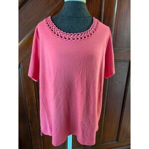Quacker Factory 1X Pink Cotton Blend Top W/ Embellished Looped Neckline